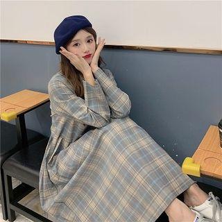 Long-sleeve Double-breasted Plaid Midi A-line Dress As Shown In Figure - One Size