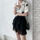 Set: Short-sleeve Dotted Shirt + Mini Layered Skirt