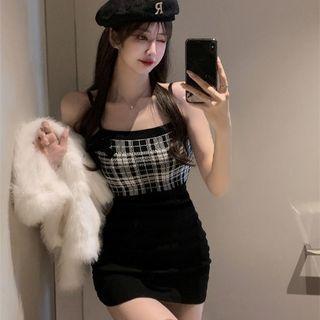 Spaghetti Strap Plaid Mini Sheath Dress Black & White Plaid - Black - One Size