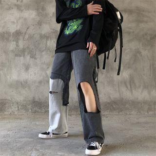 Cut-out Two-tone Straight-leg Jeans