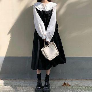 Lace Trim Blouse / Midi Knitted Pinafore Dress