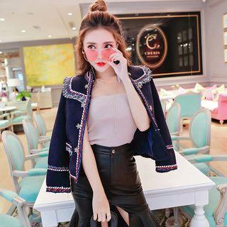 Contrast Trim Star Button Fringed Jacket