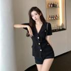 Short-sleeve Open-collar Button-up Knit Top Black - One Size
