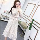 Set: Long-sleeve Midi Lace Dress + Bow Accent Vest