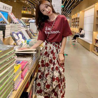 Set: Short-sleeve Lettering T-shirt + Floral Midi A-line Skirt