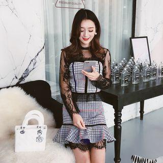Set: Plaid Vest + Mini A-line Skirt + Long-sleeve Lace Dress
