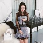 Set: Plaid Vest + Mini A-line Skirt + Long-sleeve Lace Dress
