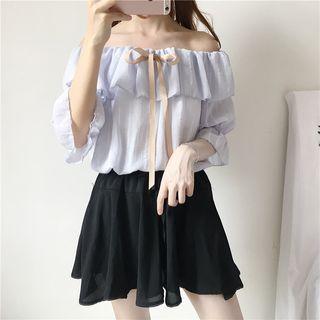 Off Shoulder 3/4-sleeve Ruffle Top / Wide Leg Skort