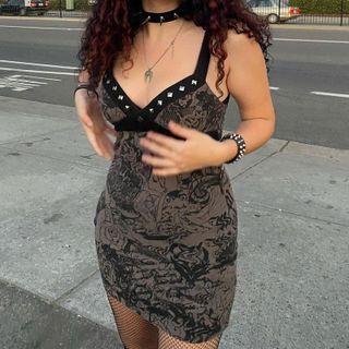Spiked Printed Skinny Spaghetti Strap Mini Dress