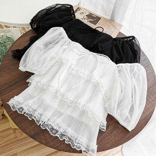 Puff-sleeve Lace Trim Mesh Top