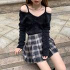 Cold-shoulder Plain Knit Sweater / Plaid Pleated Mini Skirt