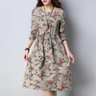 Long-sleeve Floral Drawstring A-line Dress