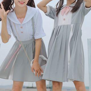 Short-sleeve Shirt / Mini A-line Suspender Skirt