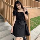 Puff-sleeve Square-neck Plain Lace-up Dress