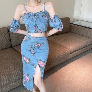 Set: Floral Denim Cropped Camisole Top + Midi Pencil Skirt