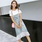 Set: Plain Short-sleeve T-shirt + Flounced-hem Denim Jumper Dress