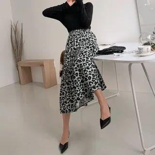 Band-waist Leopard Tiered Long Skirt