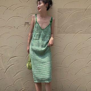 Tie-shoulder Patterned A-line Dress With Nipple Cover - Green - One Size