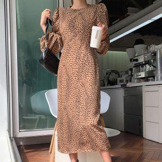 Puff-shoulder Leopard Print Dress Brown - One Size