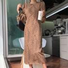 Puff-shoulder Leopard Print Dress Brown - One Size