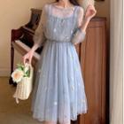 Set: 3/4-sleeve Midi A-line Mesh Dress + Slipdress