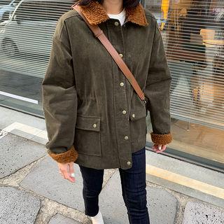 Sherpa-fleece Trim Corduroy Jacket Dark Khaki - One Size