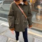 Sherpa-fleece Trim Corduroy Jacket Dark Khaki - One Size