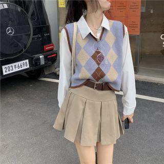 Long-sleeve Plain Shirt / V-neck Argyle Knit Vest / Mini Skirt (various Designs)