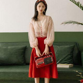 Set: Camisole + Dotted Blouse + Buttoned Midi A-line Skirt