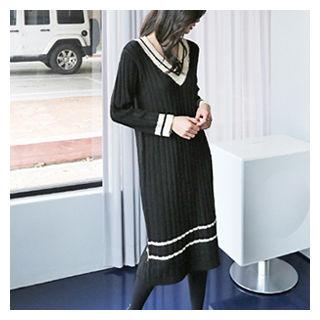 V-neck Contrast-trim Wool Blend Knit Dress