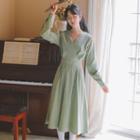 Long-sleeve V-neck Gathered-waist Dress