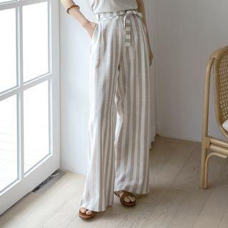 Linen Blend Stripe Wide-leg Pants With Sash