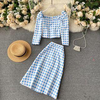 Set Of 2 : Plaid Bow Square-neck Top + Plaid A-line Skirt