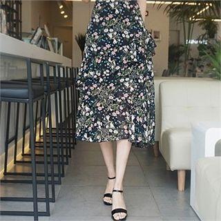 Ruffled-detail Floral-pattern Chiffon Skirt