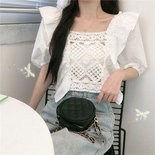 Plain Crochet Lace Panel Short Sleeve Crop Shirt White - One Size