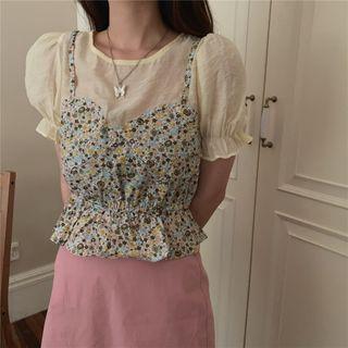 Mock Two-piece Floral Print Shirt-sleeve Cropped Top