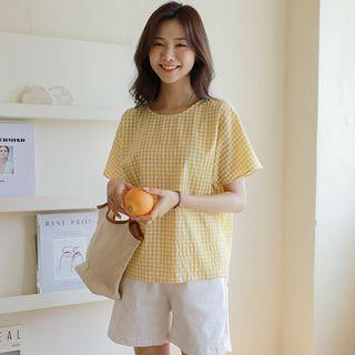 Dolman-sleeve Dip-back Gingham Top