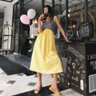 Spaghetti Strap Plaid Panel A-line Midi Dress