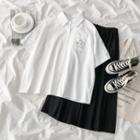 Short-sleeve Bear Print Shirt / Plain Midi Skirt