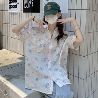 Floral Chiffon Short-sleeve Shirt As Shown In Figure - One Size