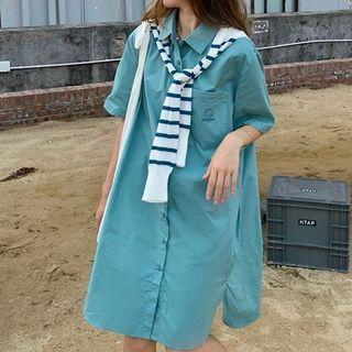 Elbow-sleeve Mini Shirtdress / Striped Shawl