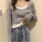 Mock Two-piece Long-sleeve Cold-shoulder Knit Crop Top