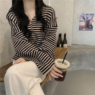 Long-sleeve Striped Cardigan Stripe - Black & Khaki - One Size