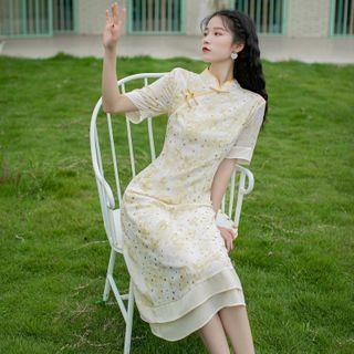 Short-sleeve Floral Print Sequined A-line Dress