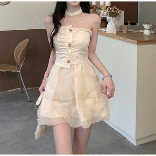 Strapless Button-up Mesh Panel Mini A-line Dress