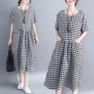 Checked Short-sleeve Midi A-line Dress As Shown In Figure - One Size