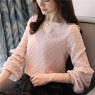 V-neck Ruffle Trim Long-sleeve Top