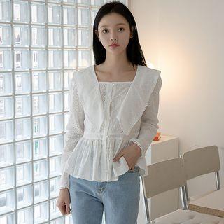 Sailor-collar Eyelet-lace Peplum Blouse