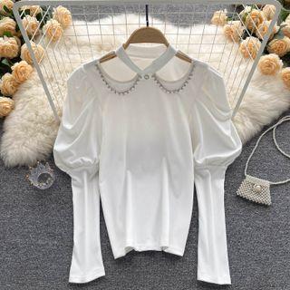 Plain Cutout Rhinestone Puff-sleeve Top