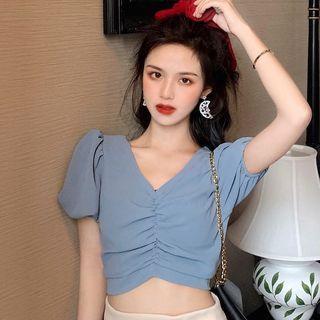Puff-sleeve V-neck Ruched Cropped Blouse